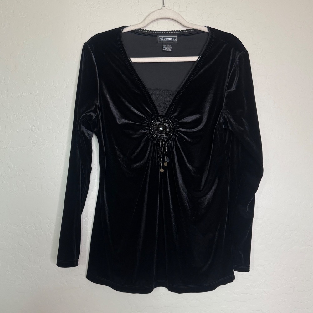 Y2K Elementz Women Velvet Blouse L Black Beaded Medallion Whimsigoth Witchy